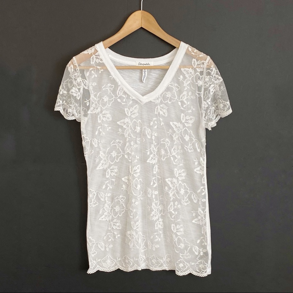 aeropostale V-neck Lacy Front White Tee L